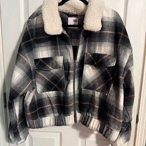 Cropped Plaid Jacket with Sherpa Collar